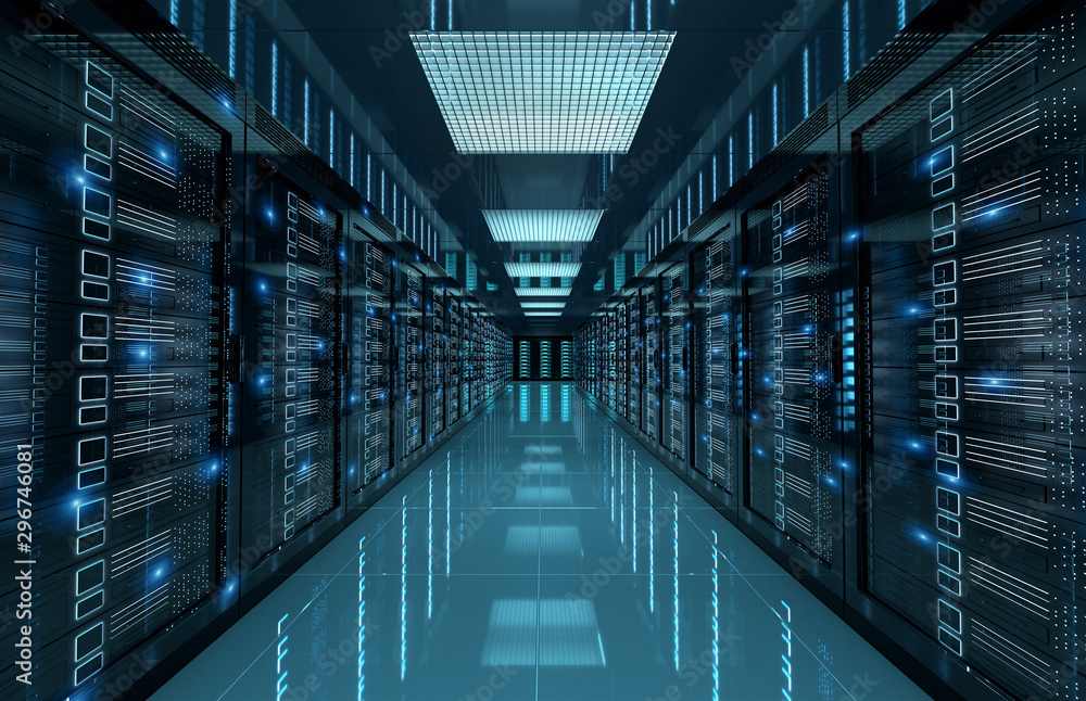 Poster dark servers center room with computers and storage systems 3d rendering