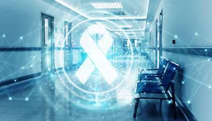 Hospital blue corridor with digital aids ribbon floating in dots connections 3D rendering