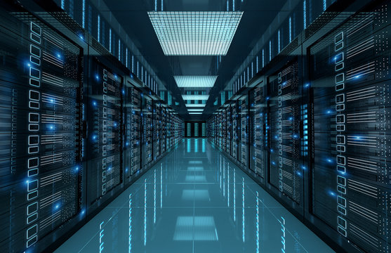 Dark servers center room with computers and storage systems 3D rendering