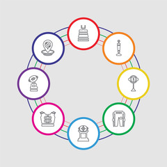 8 colorful stroke icons set included american football placeholder, american football trophey, shoulder pad, american football tee, practice pants, mark, field