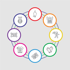 8 colorful stroke icons set included football medal, game planning, football t shirt with number 83, hot dog sausage in bread, glove for, playing throwing the ball in his hand, referee, hand with