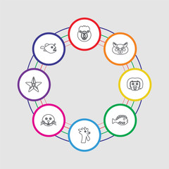 8 colorful stroke icons set included angler, starfish, seal, cock, flounder, sloth, raccoon, beaver