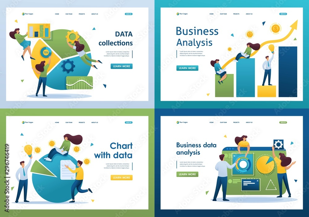 Poster set flat 2d concepts business data analysis, analytics, chart with data, data collections. for landi
