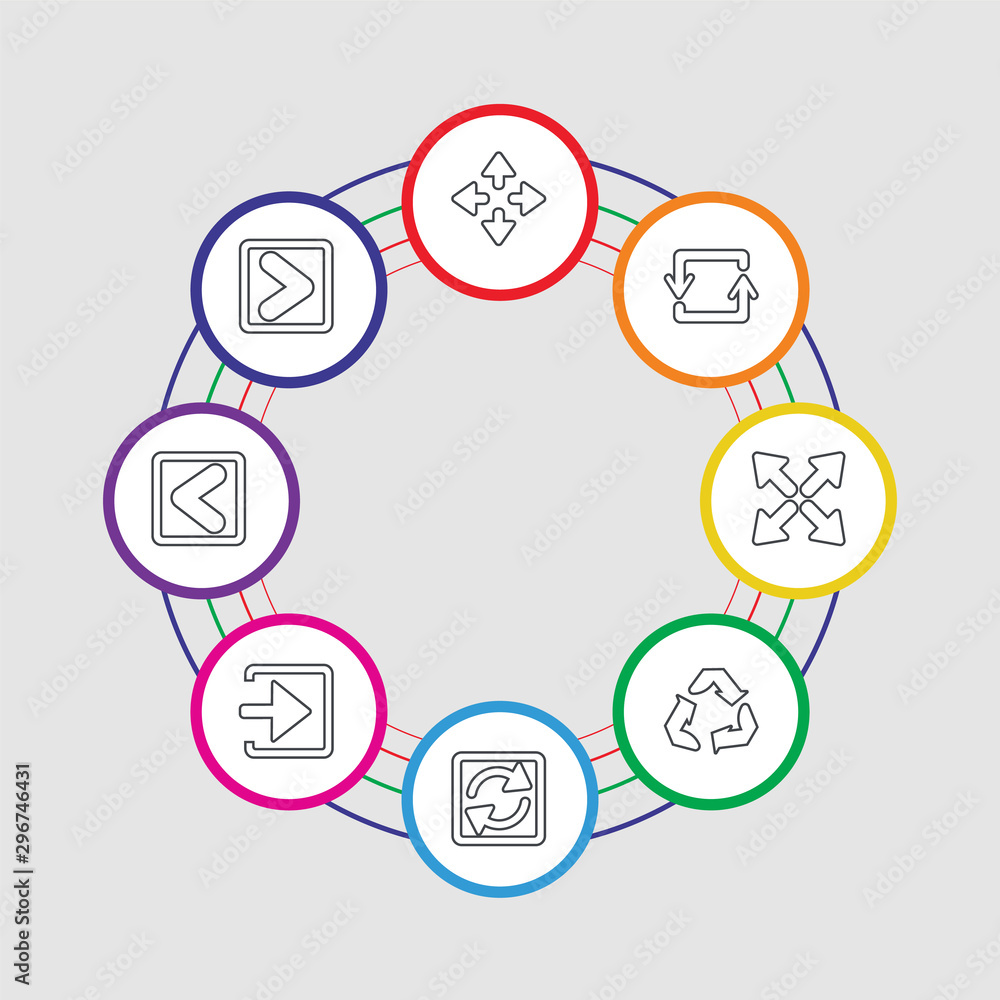 Poster 8 colorful stroke icons set included skip track, backward arrow, enter left, loading arrows, three c