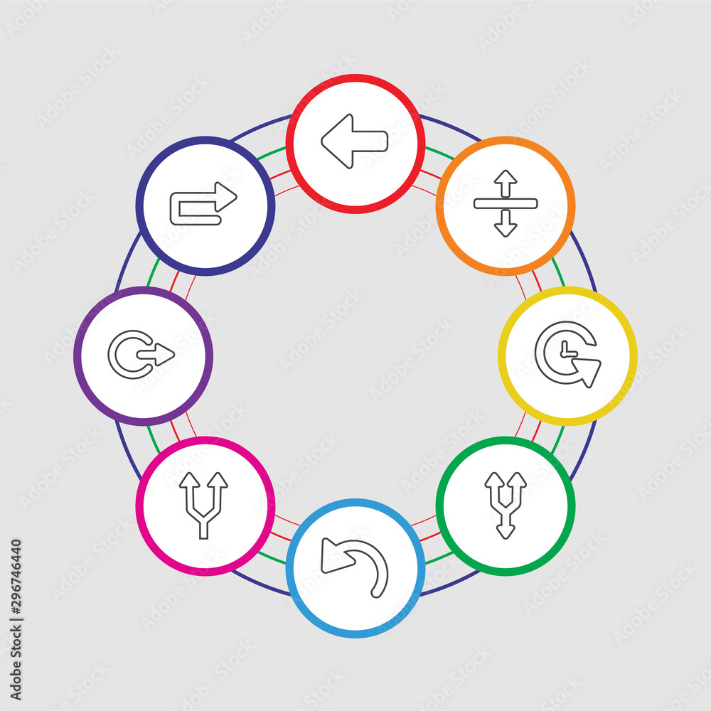 Poster 8 colorful stroke icons set included u turn arrow, exit right, split arrows, left curve arrow, split