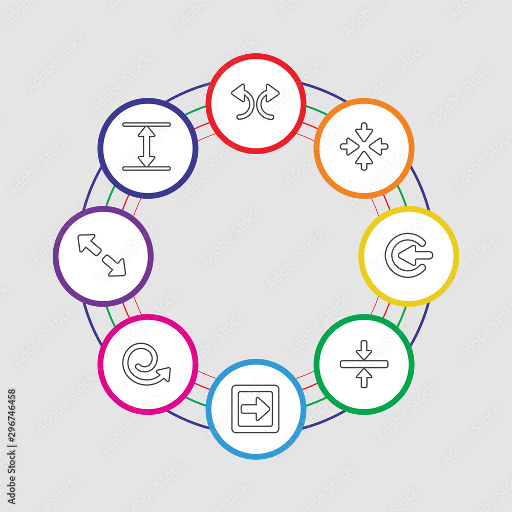 Poster 8 colorful stroke icons set included vertical resize, diagonal arrows, spiral arrow, right direction