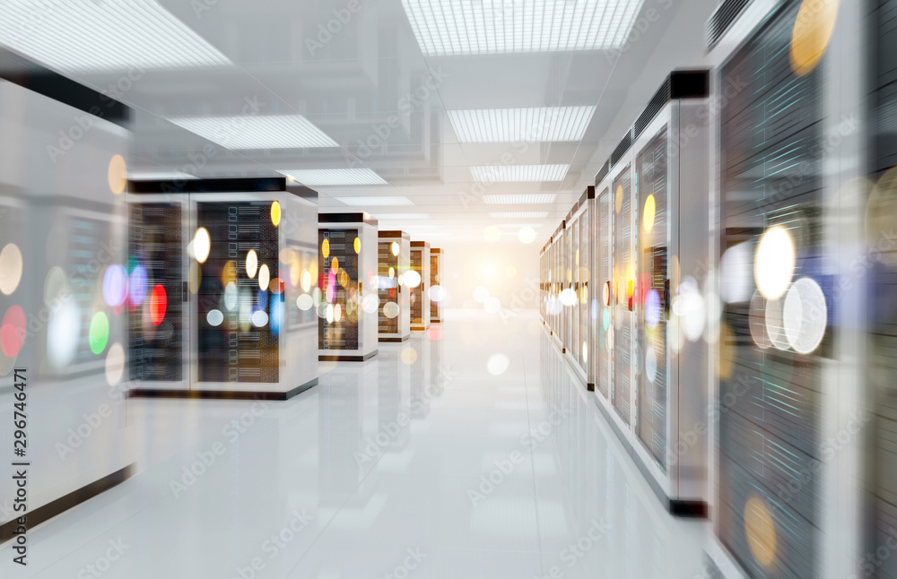 Poster servers data center room with bright bokeh light going through the corridor 3d rendering