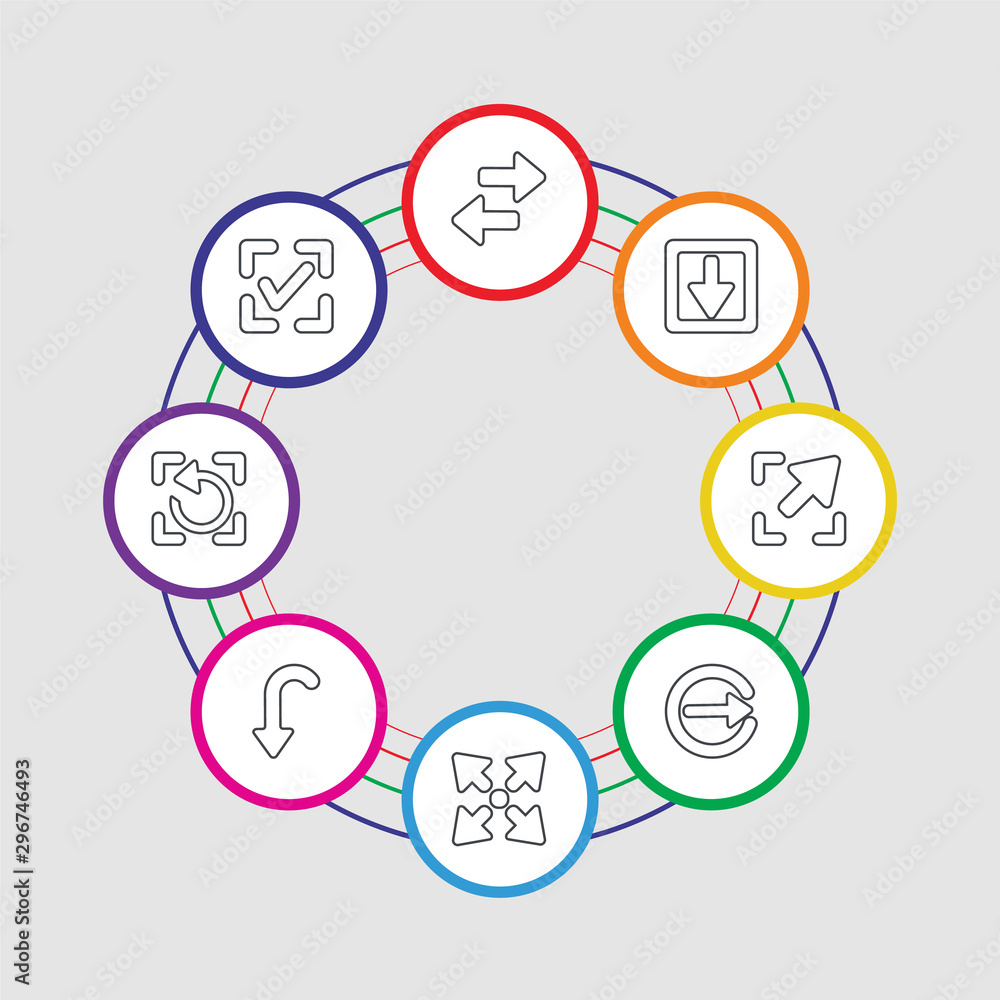 Poster 8 colorful stroke icons set included confirm, refresh, down arrow, expand, right arrow, diagonal arr