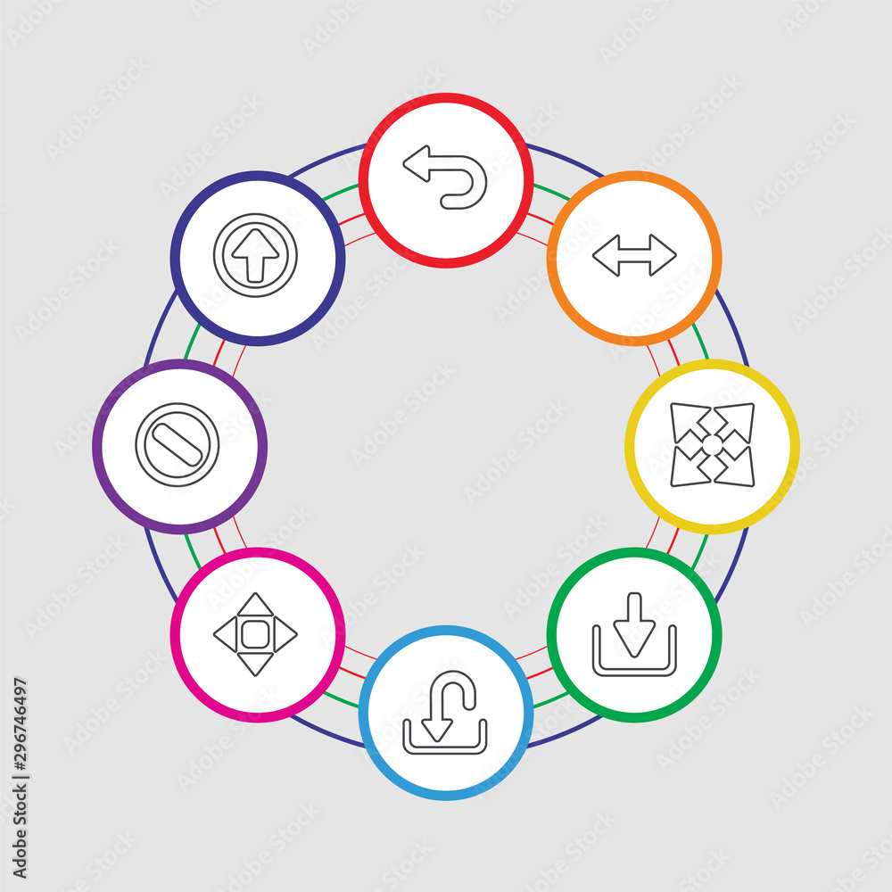 Poster 8 colorful stroke icons set included up arrow, cancel, move, upload, down arrow, diagonal arrow, dia