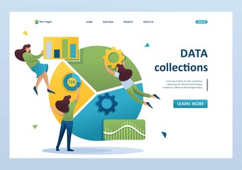 Large schedule and a set of analytical data, data collection is carried out by employees. Flat 2D character. Landing page concepts and web design