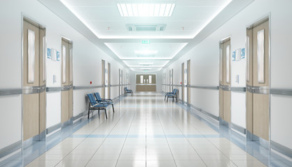 Long hospital bright corridor with rooms and seats 3D rendering - Powered by Adobe