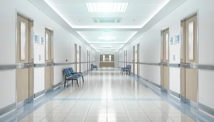 Fotobehang Long hospital bright corridor with rooms and seats 3D rendering © sdecoret
