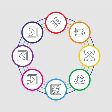 8 colorful stroke icons set included skip track, backward arrow, enter left, loading arrows, three curved arrows, expad arrows, counter arrow, zoom directions