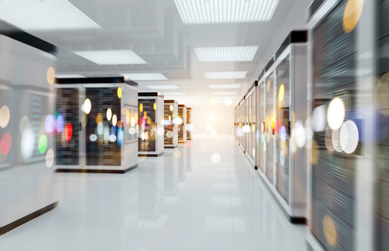 Servers data center room with bright bokeh light going through the corridor 3D rendering