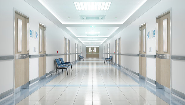 Long hospital bright corridor with rooms and seats 3D rendering