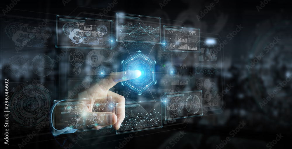 Aufkleber Businessman using digital technological interface with datas 3D rendering