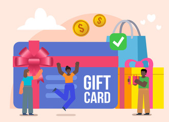 Small people stand near big gift card, present box, shopping concept. Poster for social media, web page, banner, presentation. Flat design vector illustration