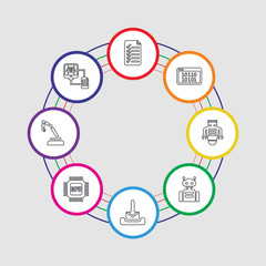 8 colorful stroke icons set included file transfer, mechanical arm, cpu, mail, robot, robot, binary code, check list