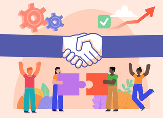 Group of people hold two pieces of puzzle, trying to combine it. Teamwork, business partnership concept. Poster for social media, web page, banner, presentation. Flat design vector illustration