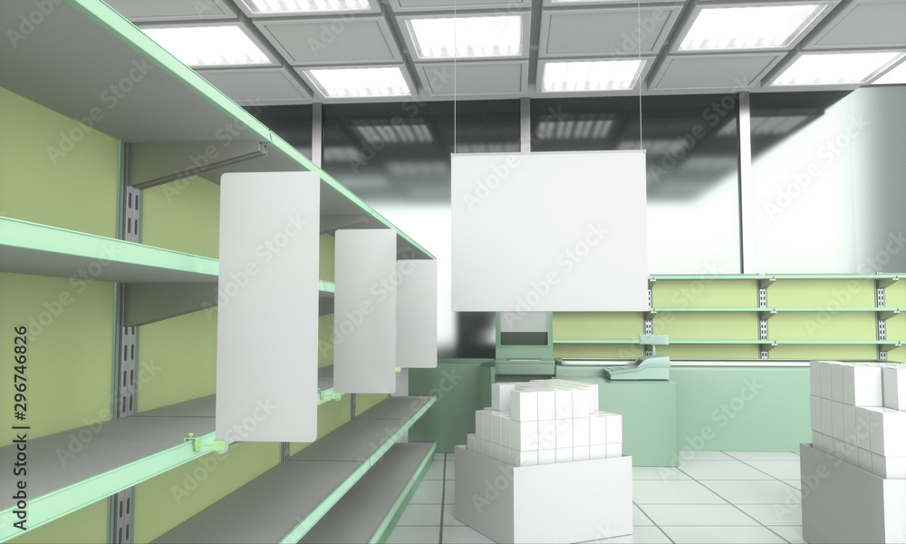 Poster empty supermarket shelves with shelf-stopper and big banner. . 3d render