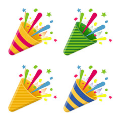 Celebrate party poppers with confetti, for festive congratulations and evening parties. Vector - obrazy, fototapety, plakaty