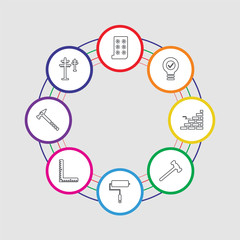 8 colorful stroke icons set included electric tower, hammer, ruler, paint roller, hammer, brick wall, light bulb, wallpaper