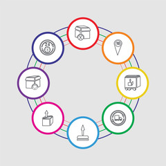 8 colorful stroke icons set included 24 hours, package, package, side up, delivery truck, trolley, pin, package