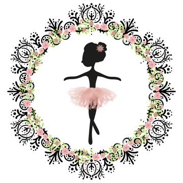 Black silhouette and pink tutu little cute ballerina princess of the ballet. Decorative circle black frame with flowers. Can be used as logo.