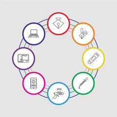8 colorful stroke icons set included laptop, 3d printer, brightness, airbrush, dropper, crayon, pen, pen