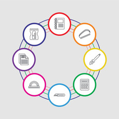 8 colorful stroke icons set included sharpener, paper with text, circle ruler, cutter knife, calculator, paintbrush, barrett, sketchbook