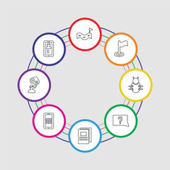 8 colorful stroke icons set included smartphone app, users settings, digital display 60, hard cover book, unknown topic, virus, flag point, location flag