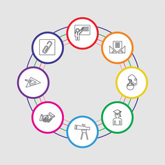 8 colorful stroke icons set included paperclip, set square, shake hands, telescope, graduating, full test tube, open email, teach