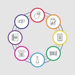 8 colorful stroke icons set included rolled diploma, clipboard with a+, greek pillar, hand bell, audiobook, tablet,  , graduation's music