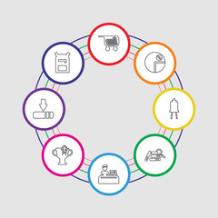 8 colorful stroke icons set included school bag, window scrolling medium, big trophy, student and books, research with books, canvas, pie chart, cart with books