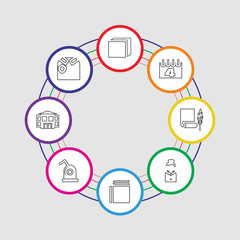 8 colorful stroke icons set included uniform, school, sharpener, book, teacher, papyrus, calendar, cube