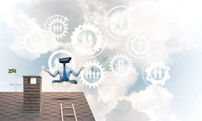 Concept of security and privacy protection with camera headed man meditating