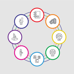 8 colorful stroke icons set included pencil case, compass, watch, abc, basketball, earth globe, attachment, notebook