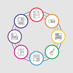 8 colorful stroke icons set included computer, letter, uniform, diploma, bell, bookshelf, lunch, notebook