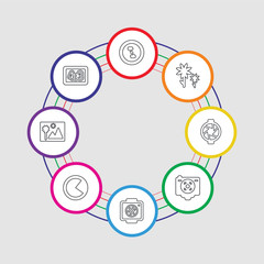 8 colorful stroke icons set included camera small screen size, landscape photo, three quarters, aperture, camera screen, aperture, macro, focus
