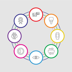8 colorful stroke icons set included webcam, flip camera, brightness option, eye, panorama with right arrow, objective, blitz flash, photograph
