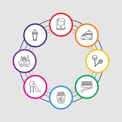 8 colorful stroke icons set included soft drink, creepy castle, childhood, fries, shooting, lollipop, food truck, stand