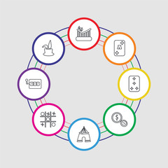 8 colorful stroke icons set included magic hat, slot machine, tic tac toe, tent, chip, ace of diamonds, ace of hearts, roller coaster