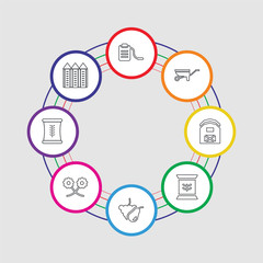 8 colorful stroke icons set included silo, wheat, flower, fruit, fertilizer, barn, wheelbarrow, sprayer