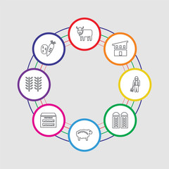 8 colorful stroke icons set included vegetable, wheat, vegetables, sheep, silo, farmer, chicken coop, ox