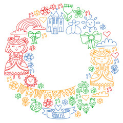 Vector pattern for little girls. Princess illustration for happy birthday party.