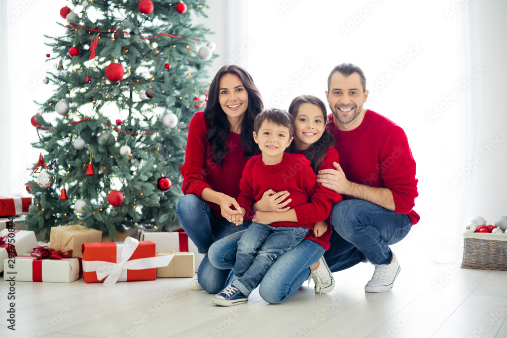 Wall mural full size photo of big full family pretty mom dad schoolgirl hug sitting near gift box present for c