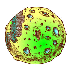 Designed Space Full Moon Planet Vector. Astronomical Body Earth Orbit And Planet Natural Satellite Moon. Galaxy Lunar Hand Drawn In Vintage Style Color Illustration