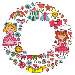 Vector pattern for little girls. Princess illustration for happy birthday party.