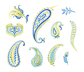 Set of patterns in oriental paisley style: flowers, leaves, curls, decorative patterns for design, watercolor painting on isolated white background.