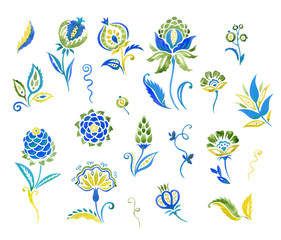 Set of patterns in oriental paisley style: flowers, leaves, curls, decorative patterns for design, watercolor painting on isolated white background.